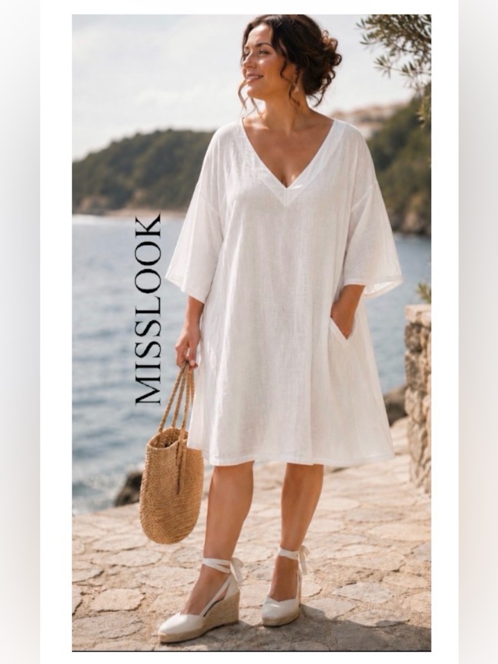 5X MISSLOOK Cotton/Linen White A-line Dress with Pockets